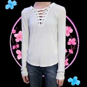SO BRAND - WHITE LONG SLEEVE - RIBBED TOP - LACE UP NECKLINE - SIZE XS